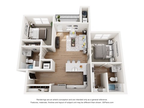 Floor plan for 2 beds, 2 baths, 956 sqft